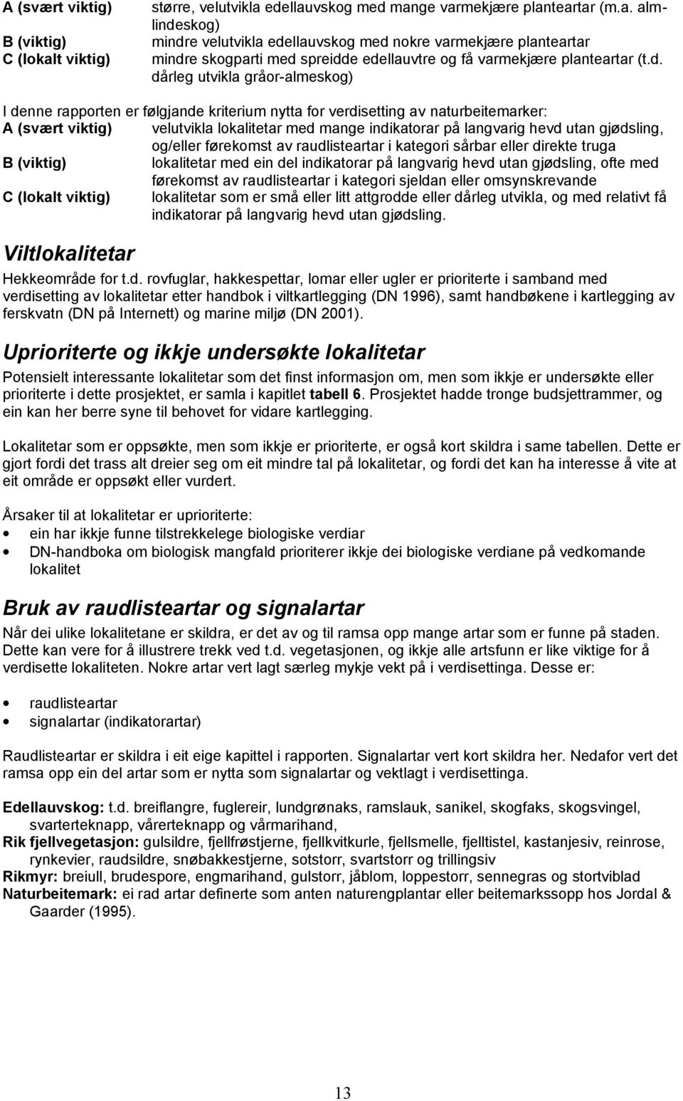 utan gjødsling, og/eller førekomst av raudlisteartar i kategori sårbar eller direkte truga B (viktig) lokalitetar med ein del indikatorar på langvarig hevd utan gjødsling, ofte med førekomst av