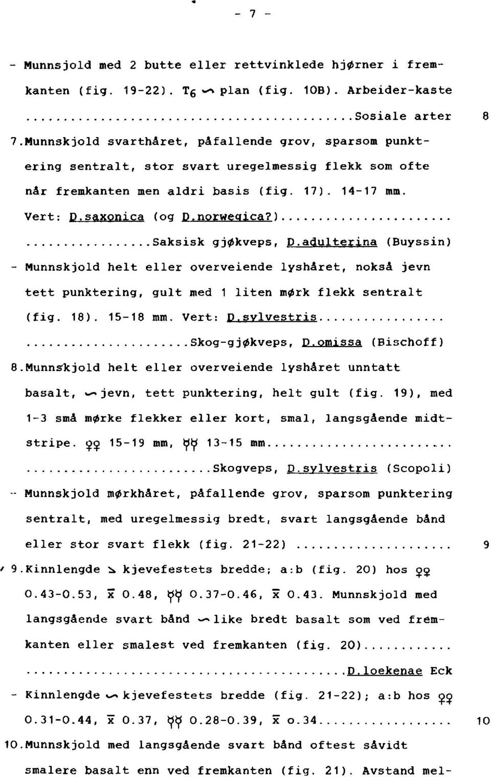 adulterina (Buyssin) - Munnskjold helt eller overveiende lyshâret, noksâ jevn tett punktering, gult med 1 liten m~rk flekk sentralt (fig. 18). 15-18 mm. Vert: D sylvestris..... Skog-gj~kveps, D.