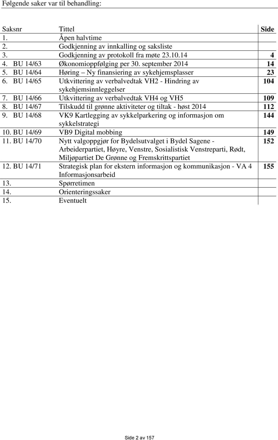 BU 14/66 Utkvittering av verbalvedtak VH4 og VH5 109 8. BU 14/67 Tilskudd til grønne aktiviteter og tiltak - høst 2014 112 9.