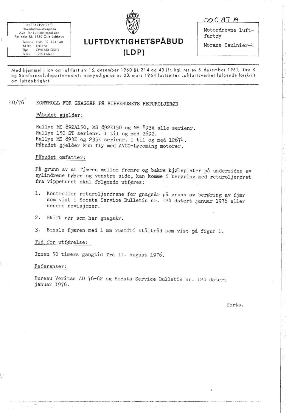 Saulnier-4 Med hjemmel i lov om luftfart av 16. desember 1960 214 og 43 jfr, kgl. res av 8, desember 1961, litrlar og Samferdselsdeparlementets bemyndigelse av 23.