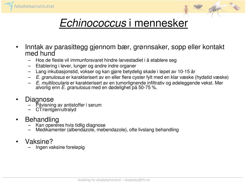 granulosus er karakterisert av en eller flere cyster fylt med en klar væske (hydatid væske) E. multilocularis er karakterisert av en tumorlignende infiltrativ og ødeleggende vekst.