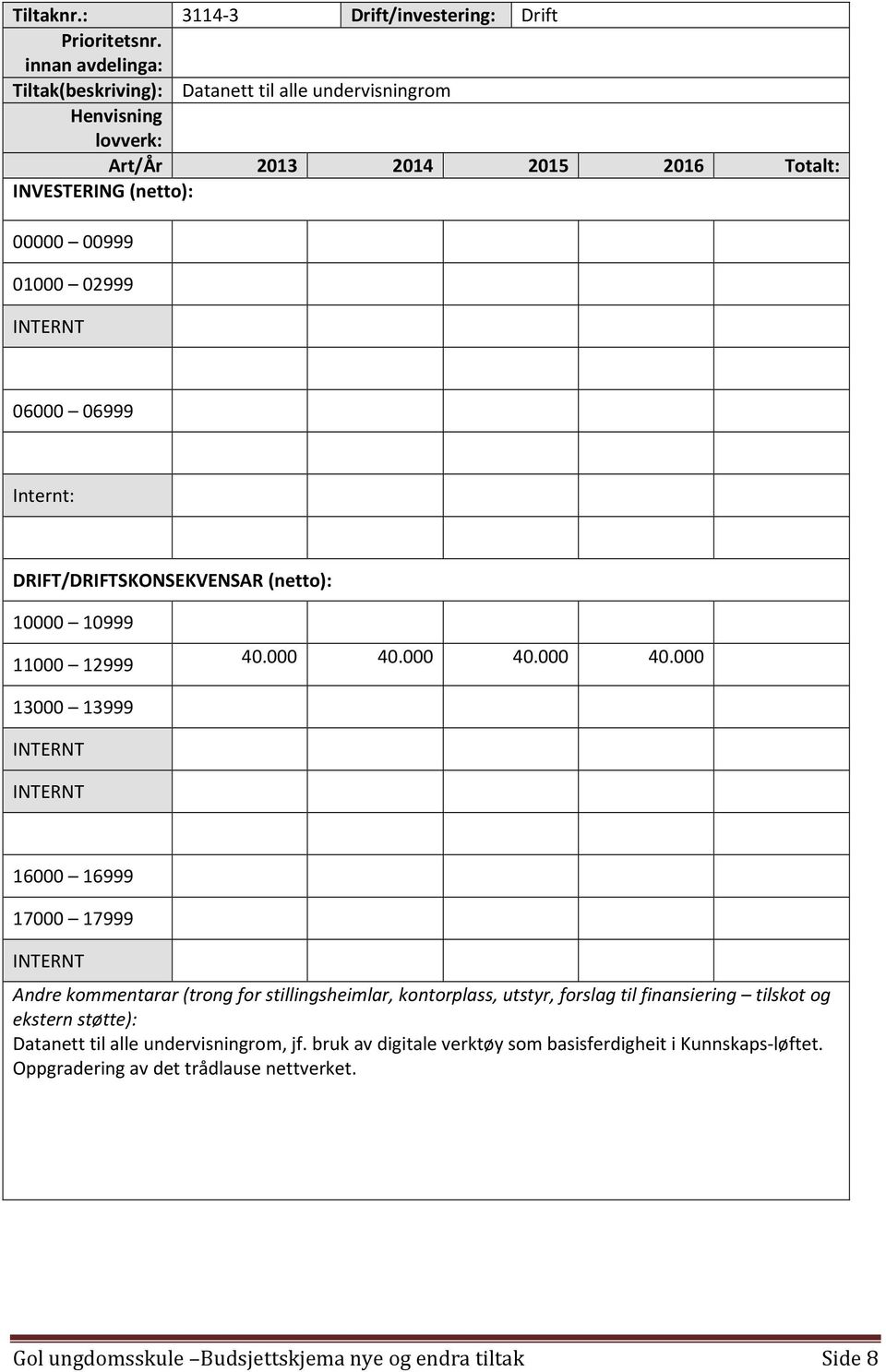 undervisningrom 40.000 40.000 40.000 40.000 Datanett til alle undervisningrom, jf.