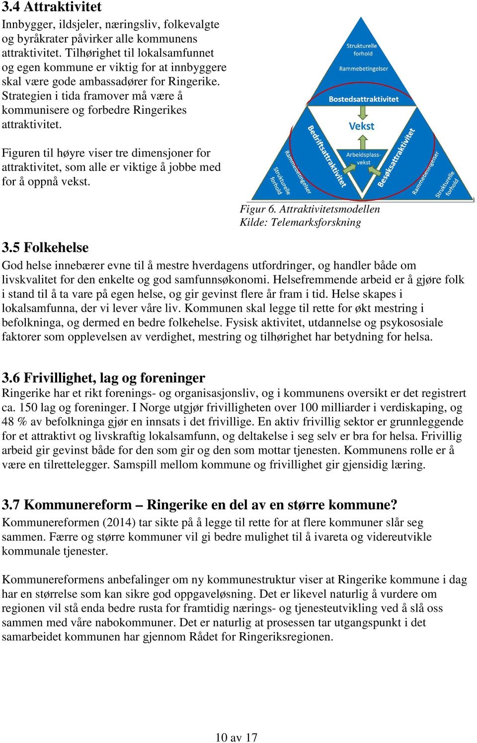 Strategien i tida framover må være å kommunisere og forbedre Ringerikes attraktivitet. Figuren til høyre viser tre dimensjoner for attraktivitet, som alle er viktige å jobbe med for å oppnå vekst.