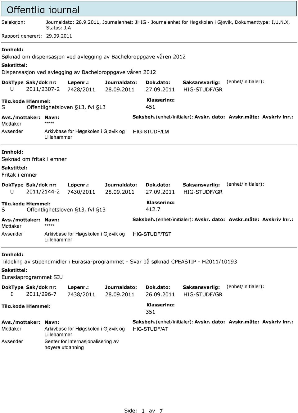 dato: Avskr.måte: Avskriv lnr.: HG-TDF/LM øknad om fritak i emner Fritak i emner 2011/2144-2 7430/2011 27.09.2011 Avs./mottaker: Navn: aksbeh. Avskr. dato: Avskr.måte: Avskriv lnr.: HG-TDF/TT Tildeling av stipendmidler i Eurasia-programmet - var på søknad CPEATP - H2011/10193 Eurasiaprogrammet 2011/296-7 7438/2011 26.