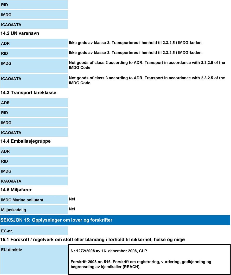 4 Emballasjegruppe ADR RID IMDG ICAO/IATA 14.5 Miljøfarer IMDG Marine pollutant Miljøskadelig Nei Nei SEKSJON 15: