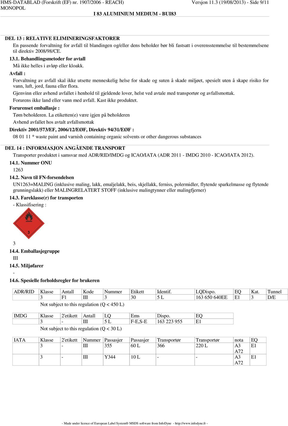 direktiv 2008/98/CE. 13.1. Behandlingsmetoder for avtall Må ikke helles i avløp eller kloakk.