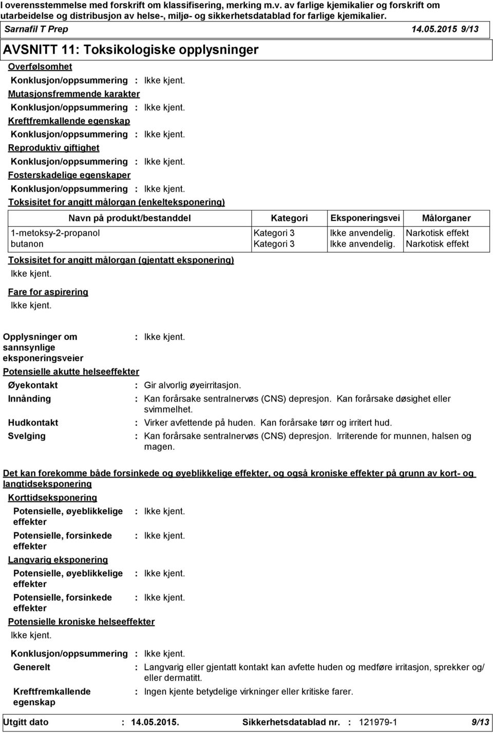 Reproduktiv giftighet Konklusjon/oppsummering Fosterskadelige egenskaper Konklusjon/oppsummering Toksisitet for angitt målorgan (enkelteksponering) Toksisitet for angitt målorgan (gjentatt