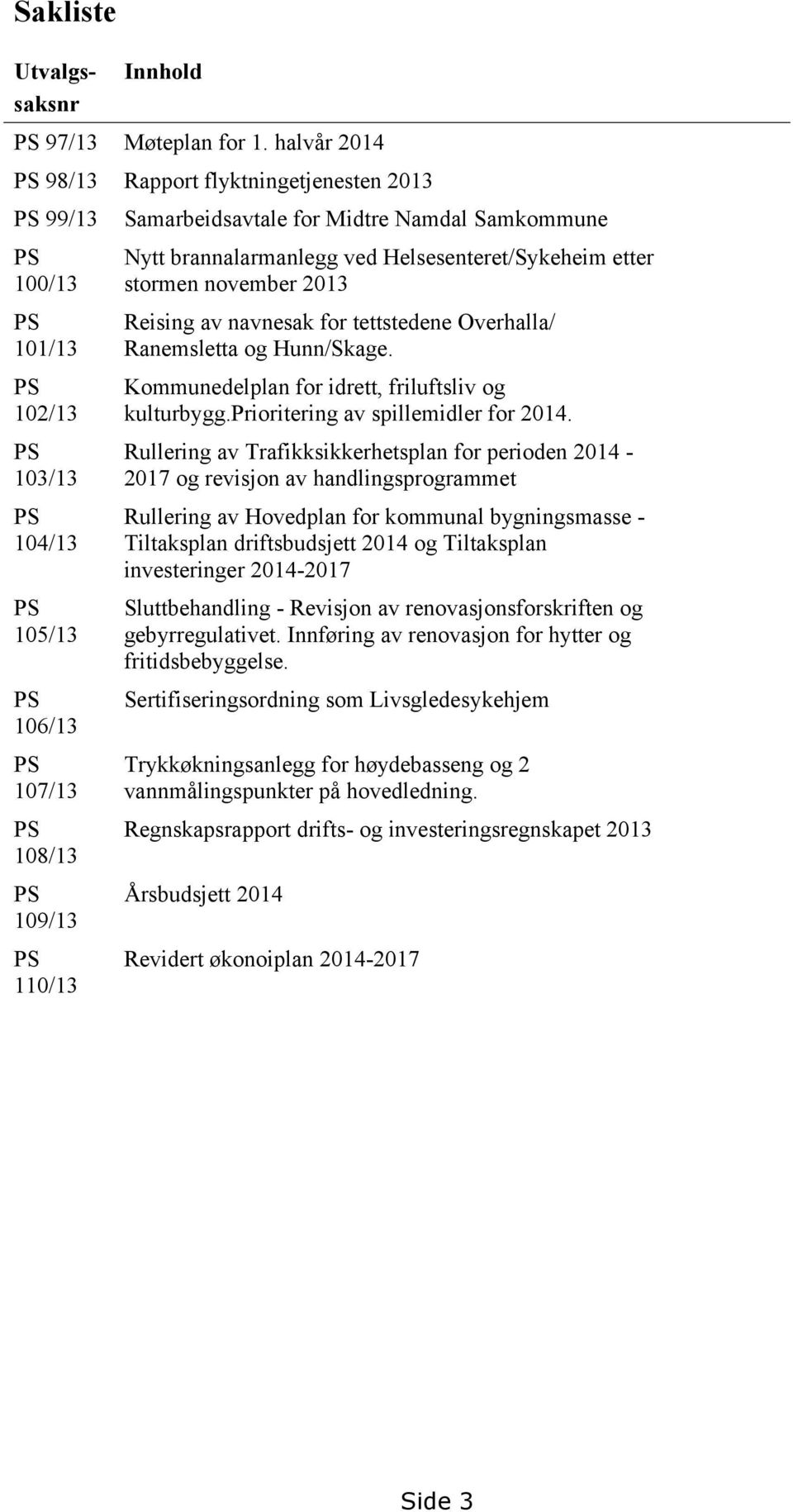 Midtre Namdal Samkommune Nytt brannalarmanlegg ved Helsesenteret/Sykeheim etter stormen november 2013 Reising av navnesak for tettstedene Overhalla/ Ranemsletta og Hunn/Skage.