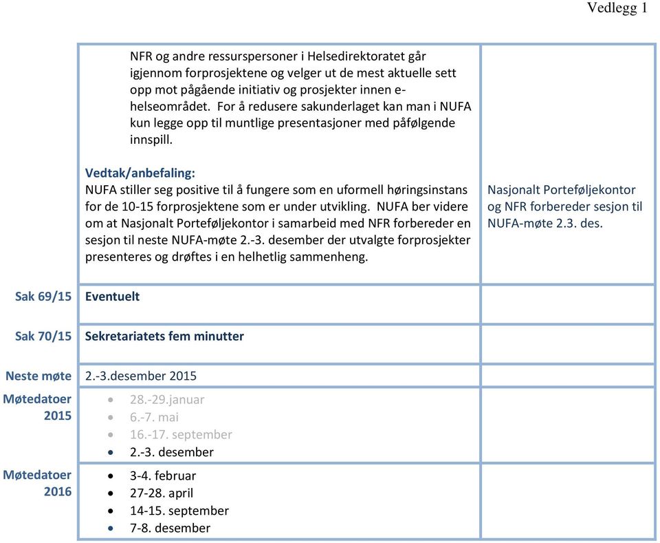 NUFA stiller seg positive til å fungere som en uformell høringsinstans for de 10-15 forprosjektene som er under utvikling.