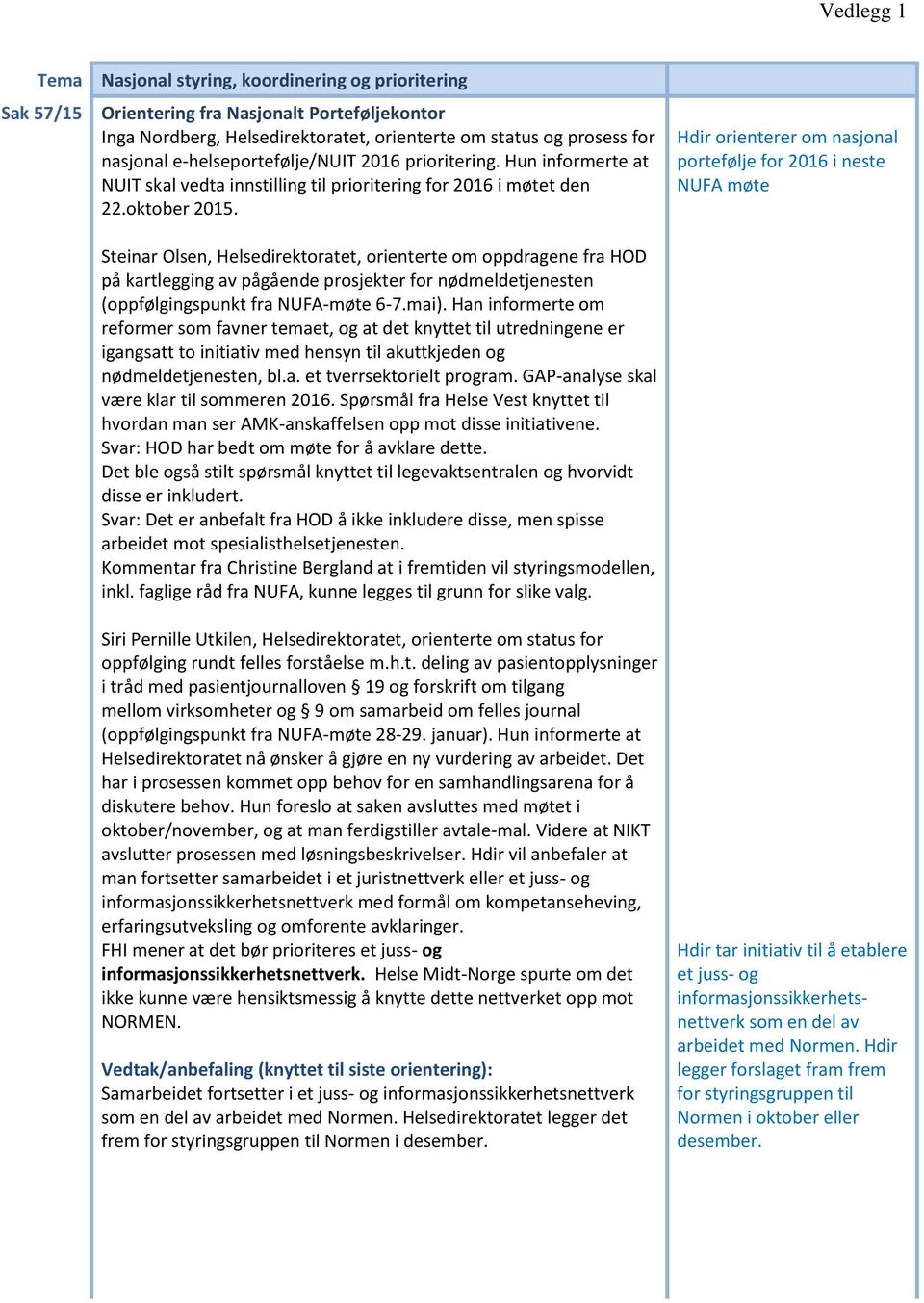 Steinar Olsen, Helsedirektoratet, orienterte om oppdragene fra HOD på kartlegging av pågående prosjekter for nødmeldetjenesten (oppfølgingspunkt fra NUFA-møte 6-7.mai).