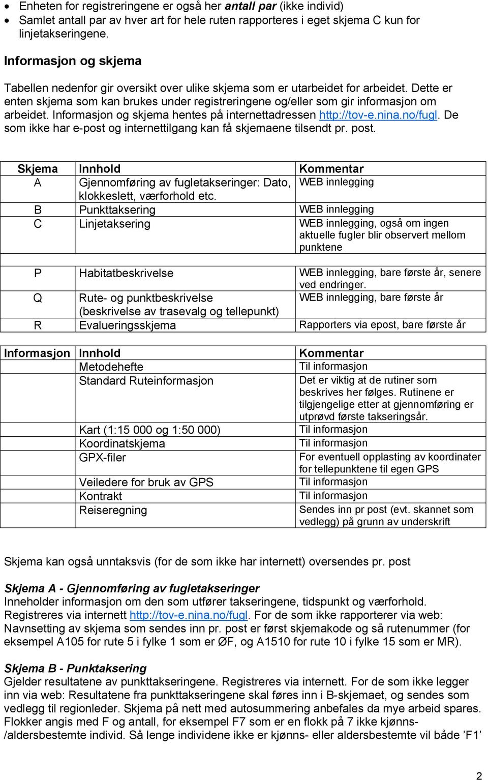 Dette er enten skjema som kan brukes under registreringene og/eller som gir informasjon om arbeidet. Informasjon og skjema hentes på internettadressen http://tov-e.nina.no/fugl.