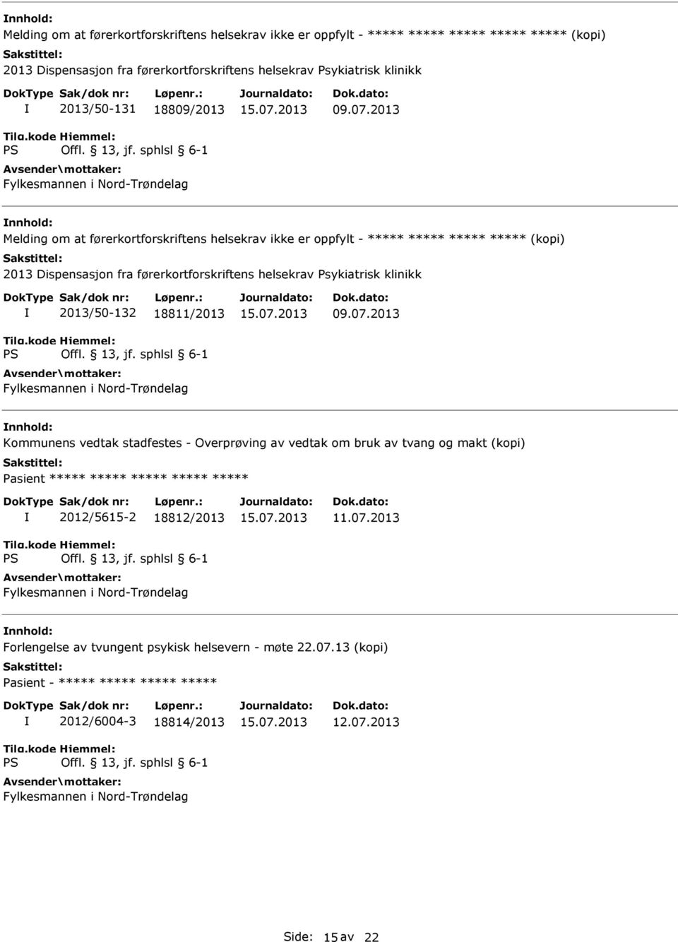 klinikk 2013/50-132 18811/2013 Fylkesmannen i Nord-Trøndelag Kommunens vedtak stadfestes - Overprøving av vedtak om bruk av tvang og makt (kopi) Pasient ***** ***** ***** ***** ***** 2012/5615-2