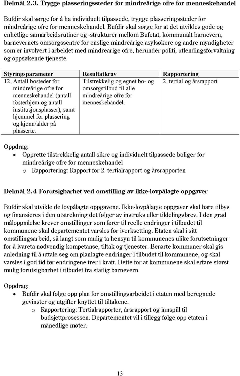 myndigheter som er involvert i arbeidet med mindreårige ofre, herunder politi, utlendingsforvaltning og oppsøkende tjeneste. Styringsparameter Resultatkrav Rapportering 12.