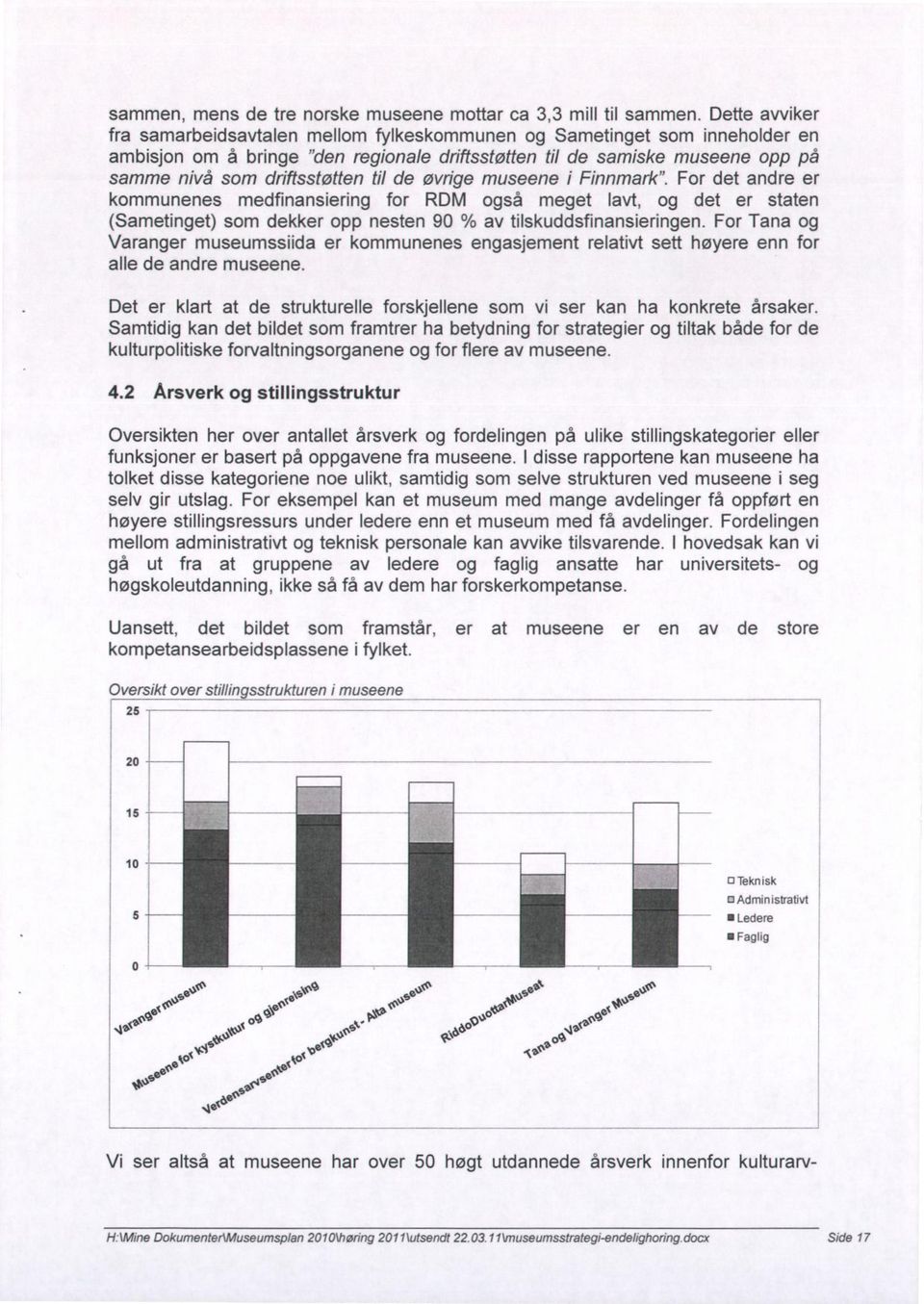 til de øvrige museene i Finnmark". For det andre er kommunenes medfinansiering for RDM også meget lavt, og det er staten (Sametinget) som dekker opp nesten 90 % av tilskuddsfinansieringen.