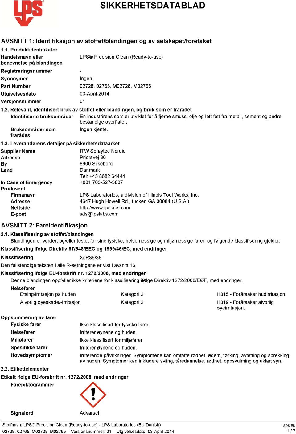 1. Produktidentifikator Handelsnavn eller benevnelse på blandingen Registreringsnummer Synonymer Part Number Utgivelsesdato Versjonsnummer 01 LPS Precision Clean (Ready-to-use) - Ingen.