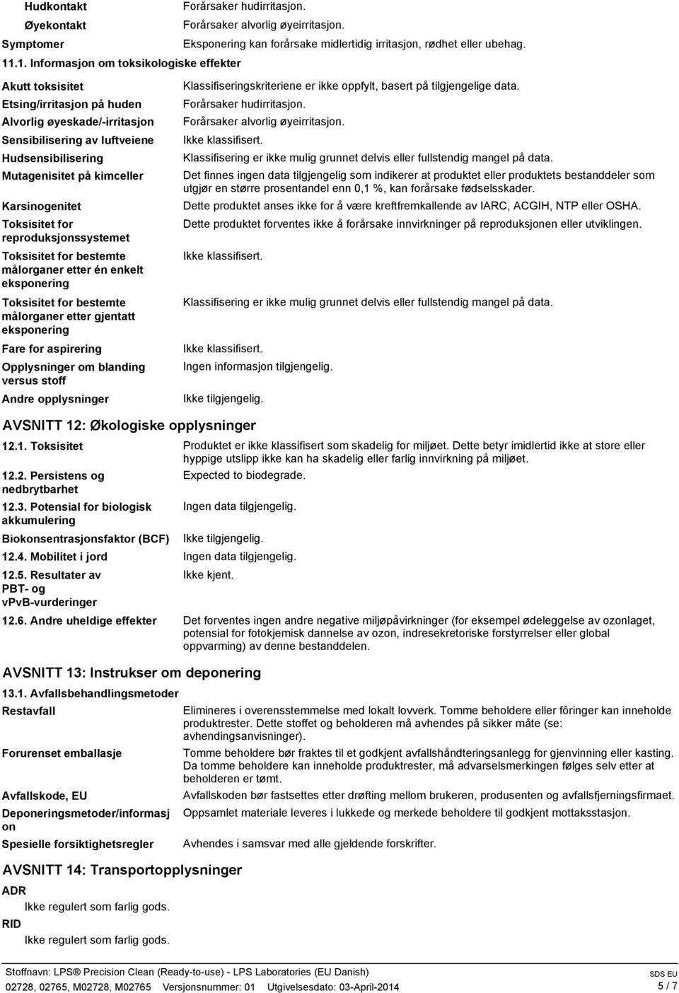 Karsinogenitet Toksisitet for reproduksjonssystemet Toksisitet for bestemte målorganer etter én enkelt eksponering Toksisitet for bestemte målorganer etter gjentatt eksponering Fare for aspirering