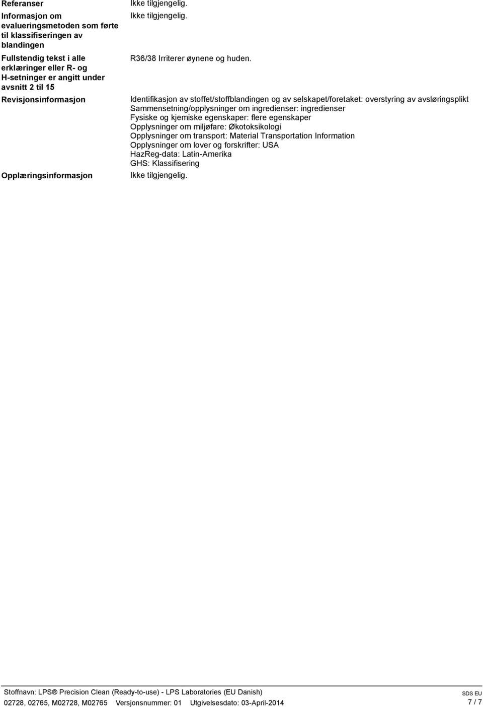 Identifikasjon av stoffet/stoffblandingen og av selskapet/foretaket: overstyring av avsløringsplikt Sammensetning/opplysninger om ingredienser: ingredienser Fysiske og kjemiske