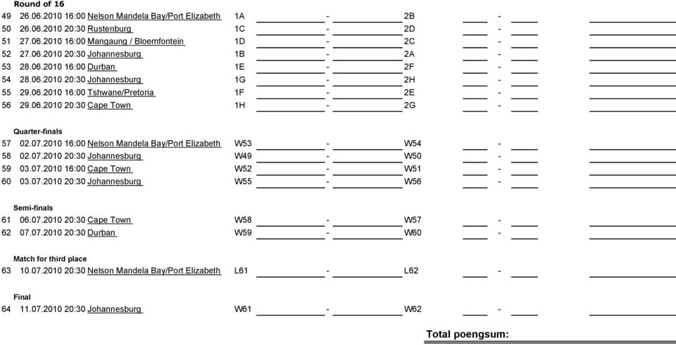 2010 16:00 Nelson Mandela Bay/Port Elizabeth W53 - W54-58 02.07.2010 20:30 Johannesburg W49 - W50-59 03.07.2010 16:00 Cape Town W52 - W51-60 03.07.2010 20:30 Johannesburg W55 - W56 - Semi-finals 61 06.