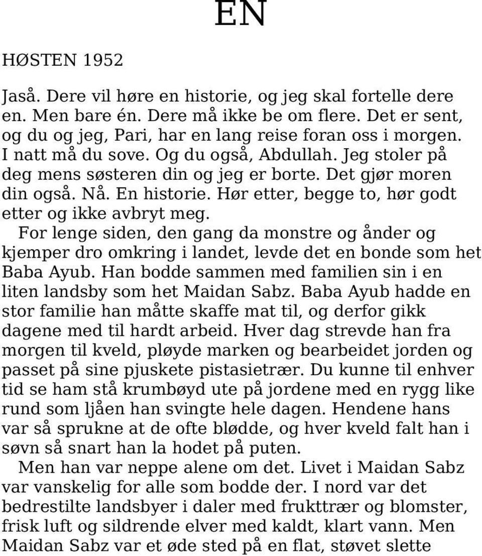 For lenge siden, den gang da monstre og ånder og kjemper dro omkring i landet, levde det en bonde som het Baba Ayub. Han bodde sammen med familien sin i en liten landsby som het Maidan Sabz.