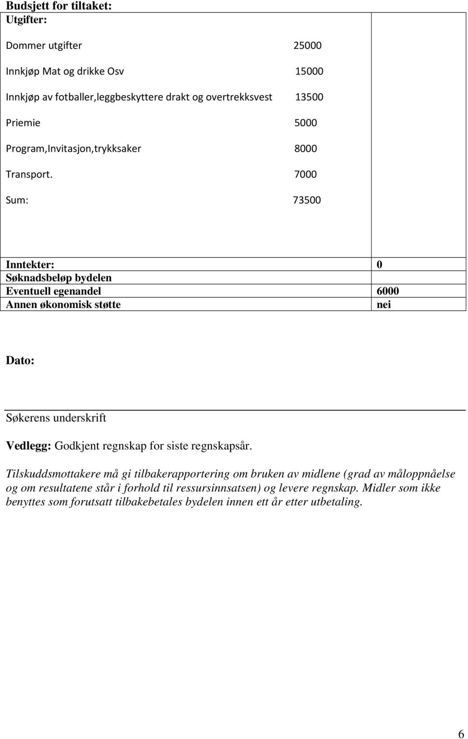 7000 Sum: 73500 Inntekter: 0 Søknadsbeløp bydelen Eventuell egenandel 6000 Annen økonomisk støtte nei Dato: Søkerens underskrift Vedlegg: Godkjent regnskap for