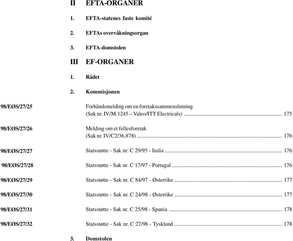 1245 Valeo/ITT Electricals)... 175 Melding om et fellesforetak (Sak nr. IV/C2/36.878)... 176 Statsstøtte - Sak nr. C 29/95 - Italia... 176 Statsstøtte - Sak nr. C 17/97 - Portugal.