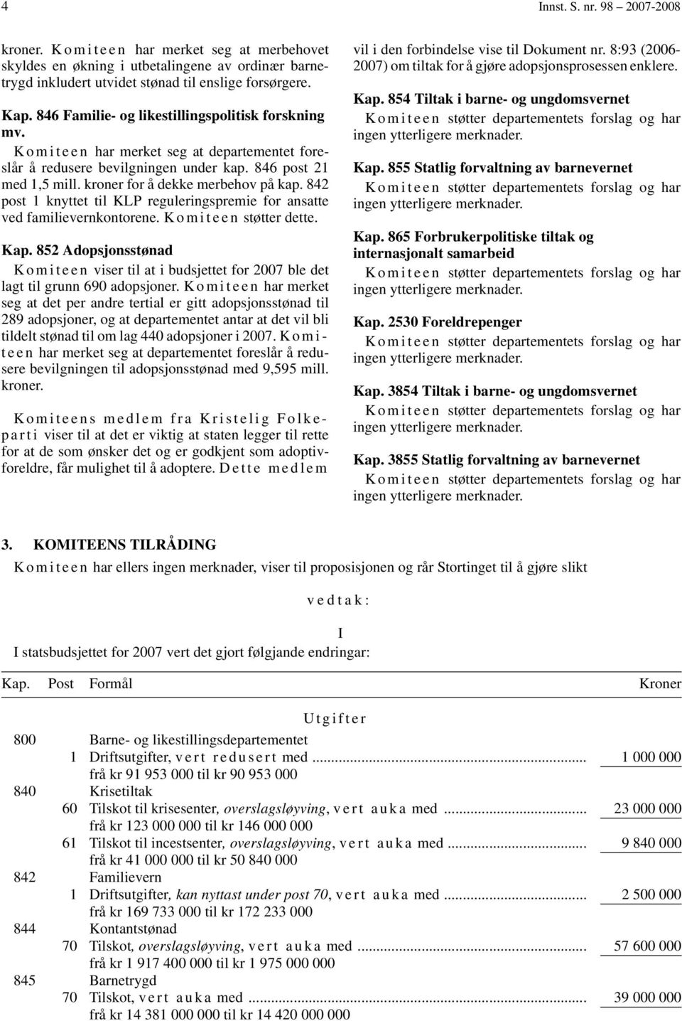 kroner for å dekke merbehov på kap. 842 post 1 knyttet til KLP reguleringspremie for ansatte ved familievernkontorene. K o m i t e e n støtter dette. Kap.