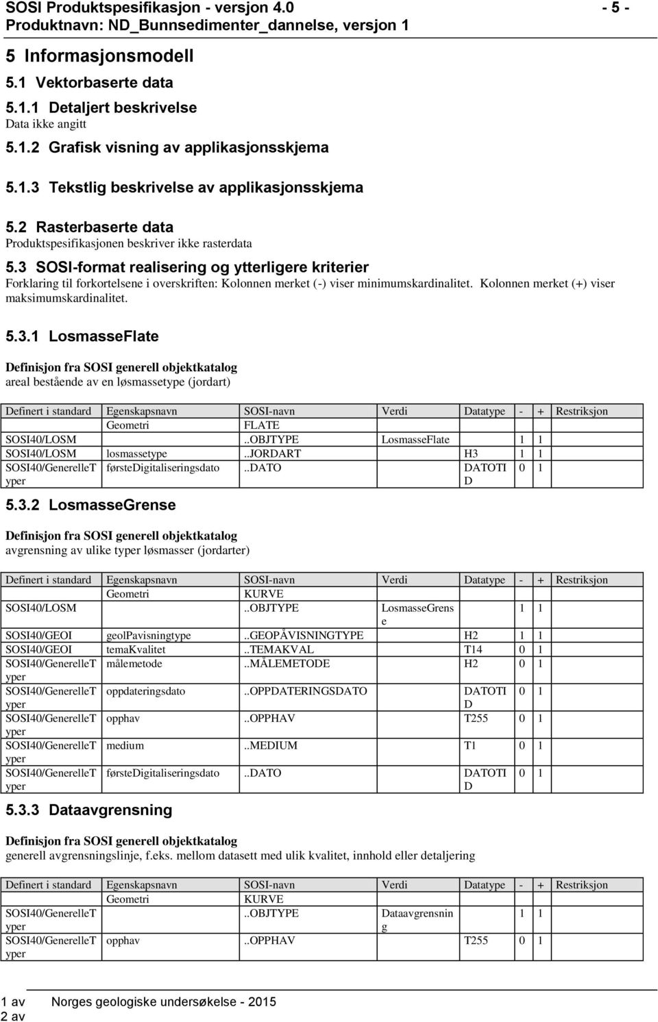 3 SOSI-format realisering og ytterligere kriterier Forklaring til forkortelsene i overskriften: Kolonnen merket (-) viser minimumskardinalitet. Kolonnen merket (+) viser maksimumskardinalitet. 5.3.1