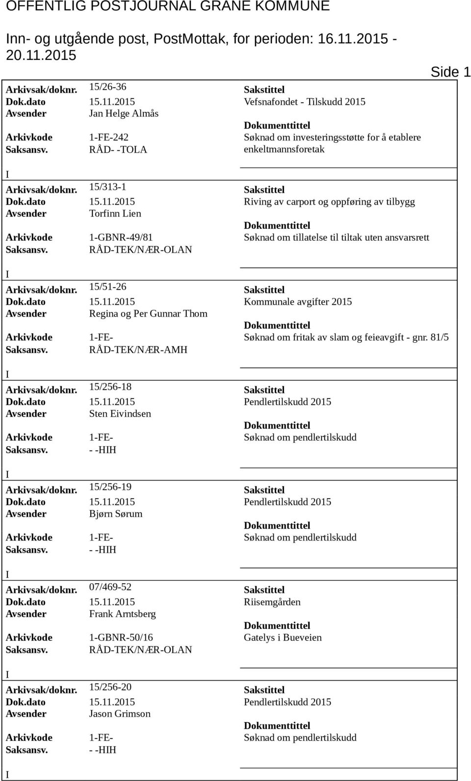 RÅD- -TOLA enkeltmannsforetak Side 1 Arkivsak/doknr. 15/313-1 Sakstittel Dok.dato 15.11.