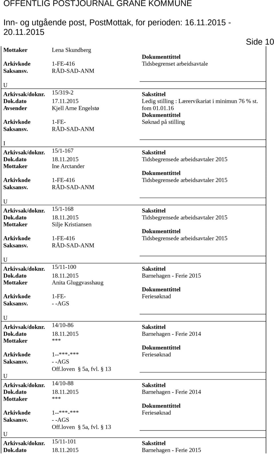 15/1-168 Sakstittel Dok.dato 18.11.2015 Tidsbegrensede arbeidsavtaler 2015 Mottaker Silje Kristiansen Arkivkode 1-FE-416 Tidsbegrensede arbeidsavtaler 2015 Arkivsak/doknr. 15/11-100 Sakstittel Dok.