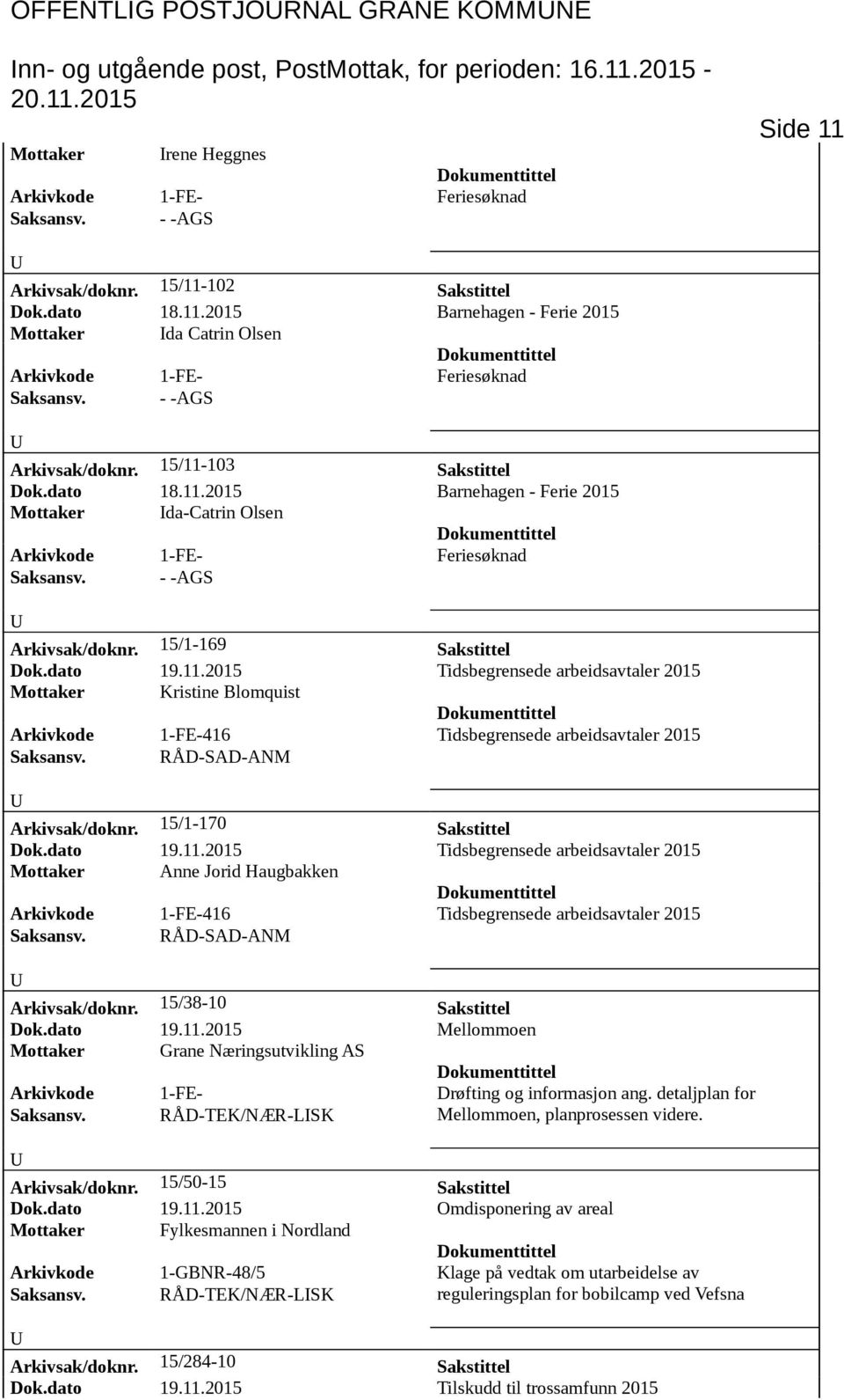 15/1-170 Sakstittel Dok.dato 19.11.2015 Tidsbegrensede arbeidsavtaler 2015 Mottaker Anne Jorid Haugbakken Arkivkode 1-FE-416 Tidsbegrensede arbeidsavtaler 2015 Arkivsak/doknr. 15/38-10 Sakstittel Dok.