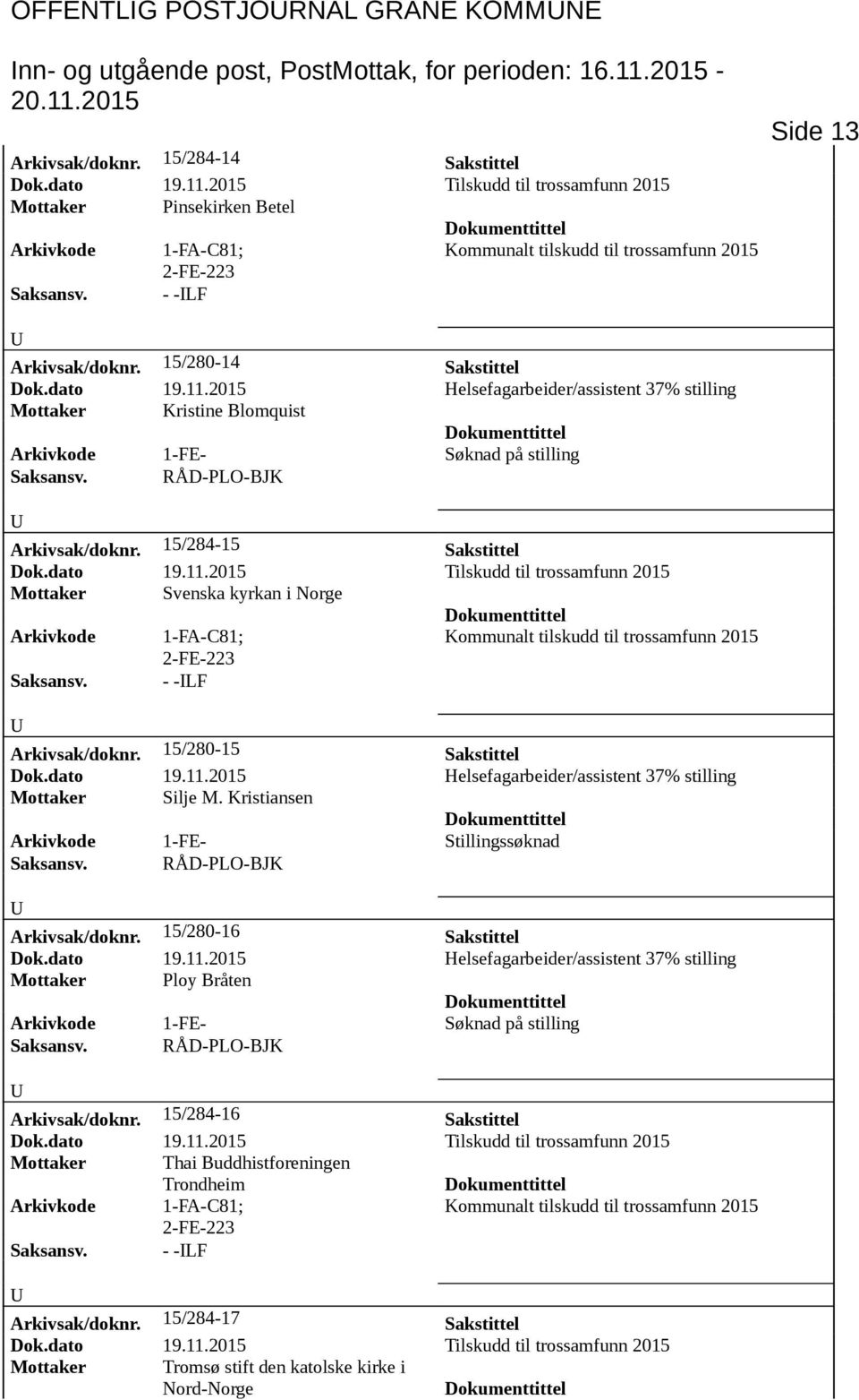 - -LF Side 13 Arkivsak/doknr. 15/280-14 Sakstittel Mottaker Kristine Blomquist Arkivsak/doknr. 15/284-15 Sakstittel Dok.dato 19.11.