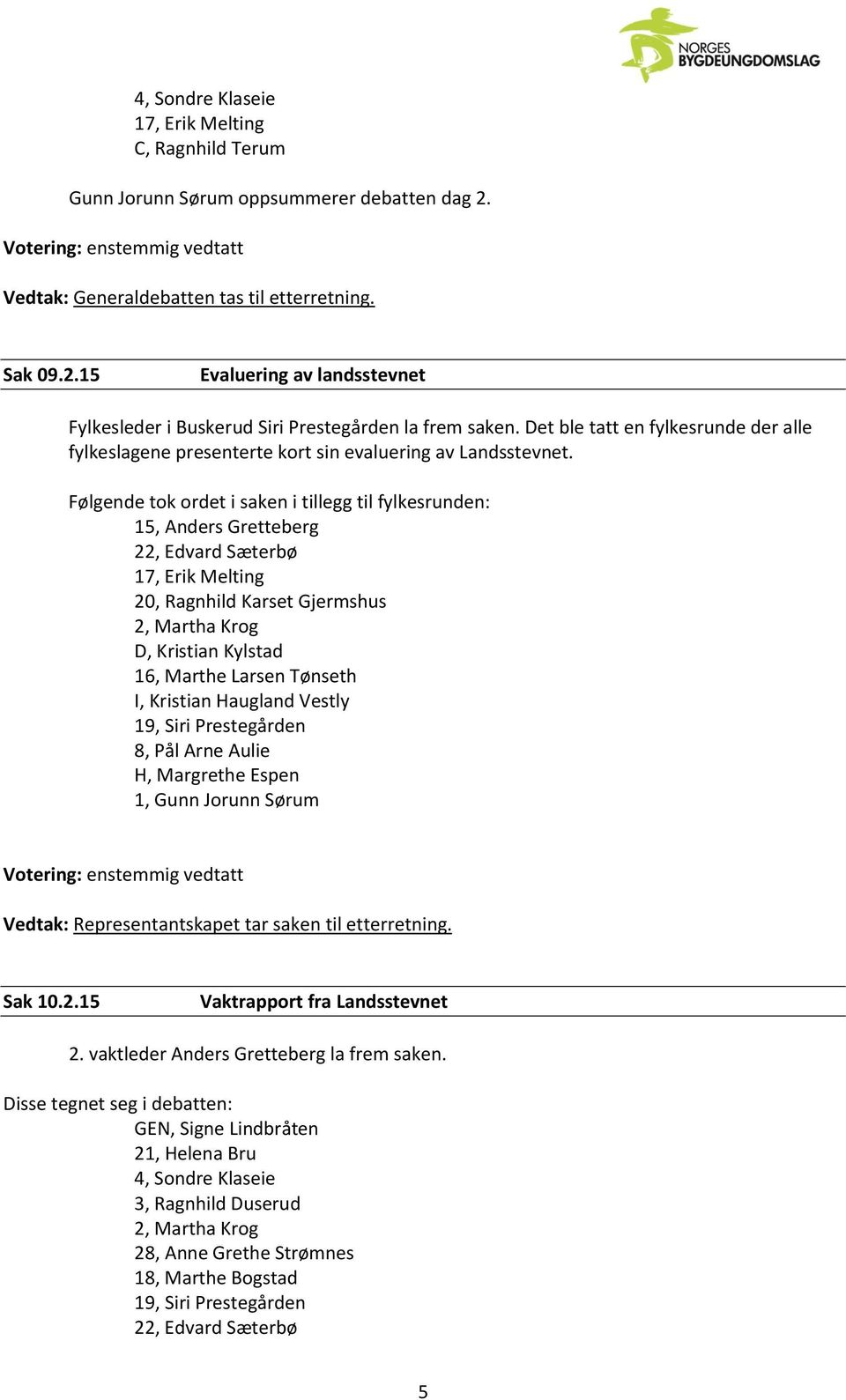 Følgende tok ordet i saken i tillegg til fylkesrunden: 15, Anders Gretteberg 22, Edvard Sæterbø 17, Erik Melting 20, Ragnhild Karset Gjermshus 2, Martha Krog D, Kristian Kylstad 16, Marthe Larsen