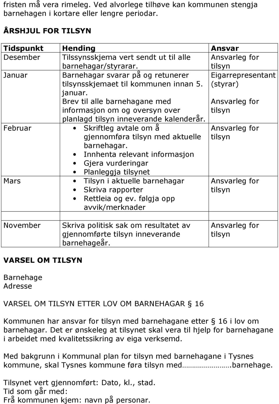 Ansvarleg for tilsyn Januar Barnehagar svarar på og retunerer tilsynsskjemaet til kommunen innan 5. januar.