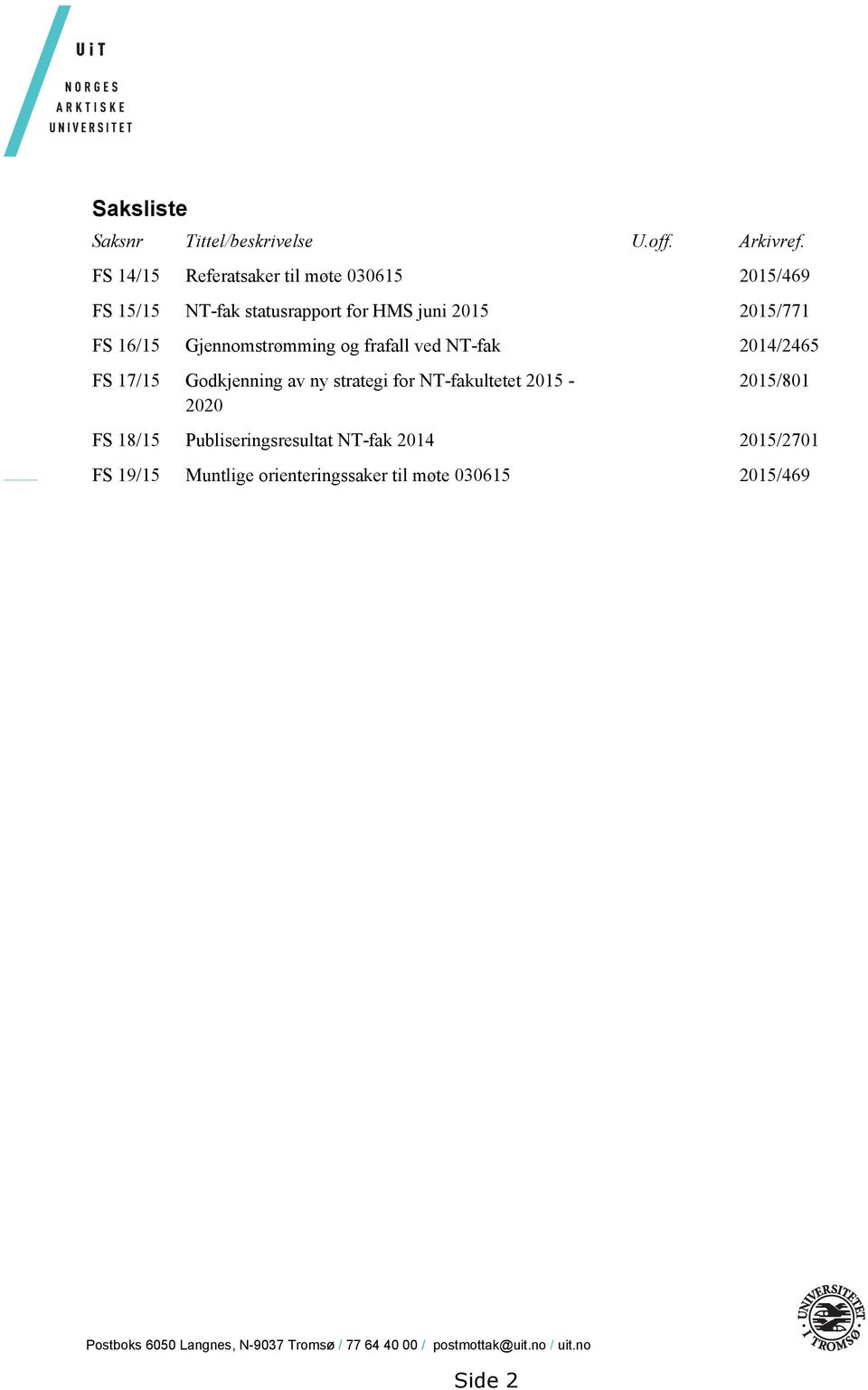 Gjennomstrømming og frafall ved NT-fak 2014/2465 FS 17/15 Godkjenning av ny strategi for NT-fakultetet 2015-2020 2015/801