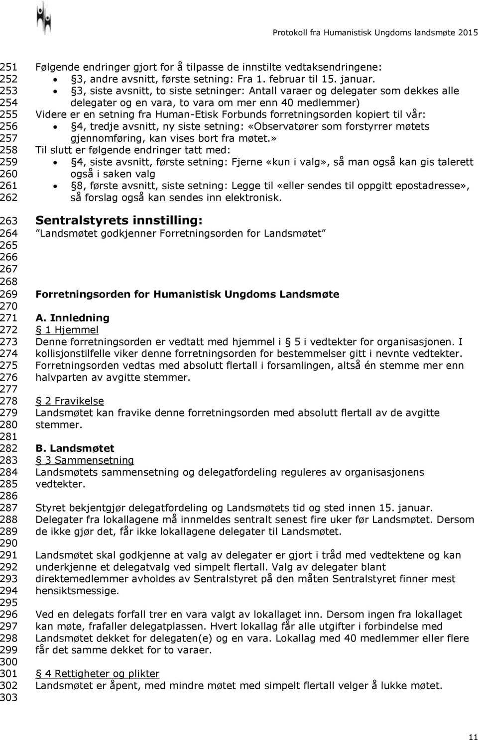 3, siste avsnitt, to siste setninger: Antall varaer og delegater som dekkes alle delegater og en vara, to vara om mer enn 40 medlemmer) Videre er en setning fra Human-Etisk Forbunds forretningsorden