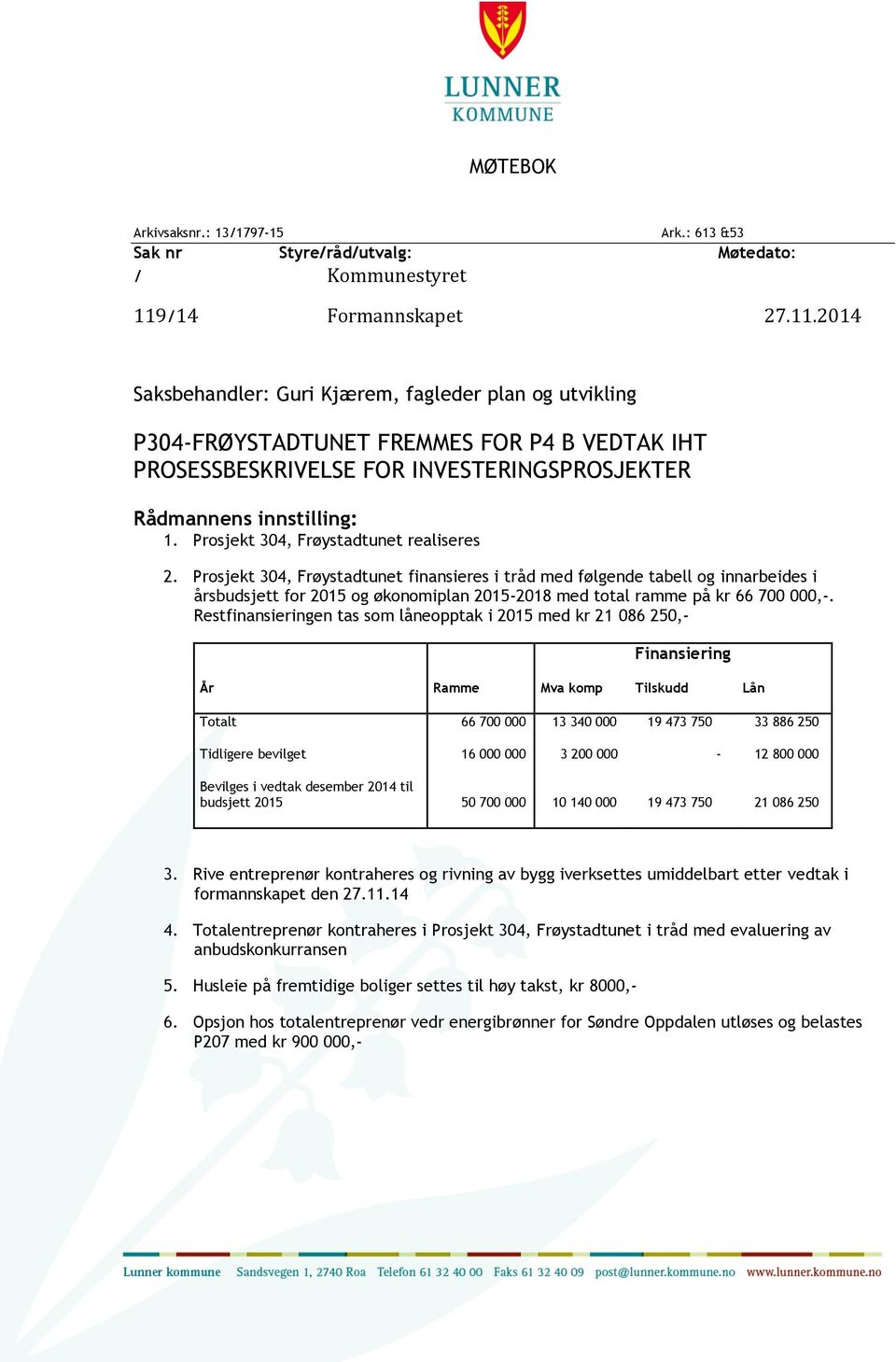 2014 Saksbehandler: Guri Kjærem, fagleder plan og utvikling P304-FRØYSTADTUNET FREMMES FOR P4 B VEDTAK IHT PROSESSBESKRIVELSE FOR INVESTERINGSPROSJEKTER Rådmannens innstilling: 1.