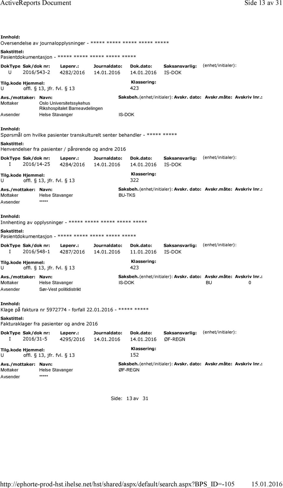 bps_d=-105 Side 13 av 31 Oversendelse av journalopplysninger - ***** ***** ***** ***** ***** ***** 2016/543-2 4282/2016 Mottaker Oslo niversitetssykehus Rikshospitalet Barneavdelingen Saksbeh. Avskr.