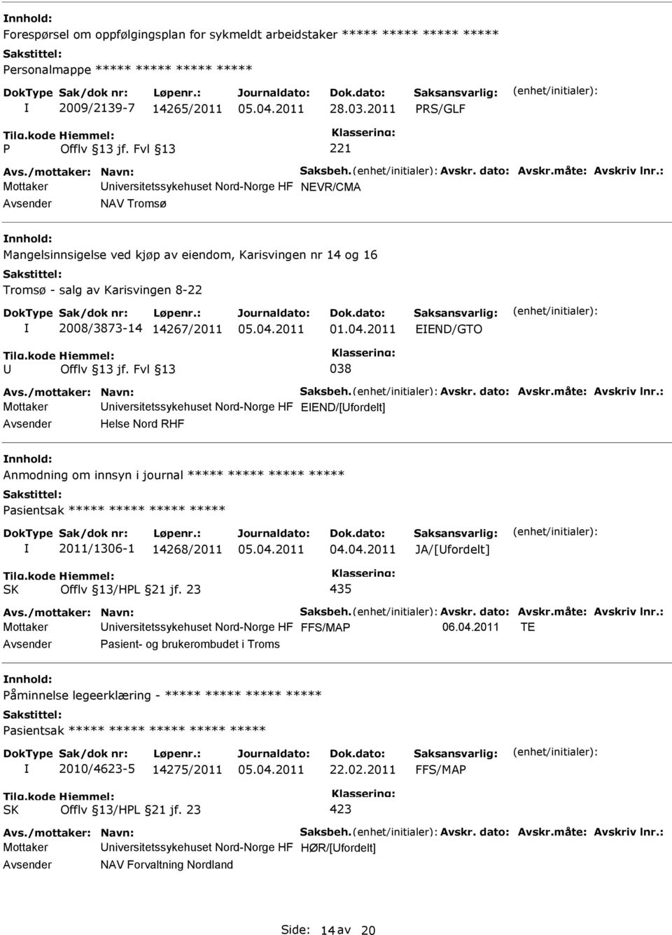 : Mottaker niversitetssykehuset Nord-Norge HF NEVR/CMA NAV Tromsø Mangelsinnsigelse ved kjøp av eiendom, Karisvingen nr 14 og 16 Tromsø - salg av Karisvingen 8-22 2008/3873-14 14267/2011 01.04.