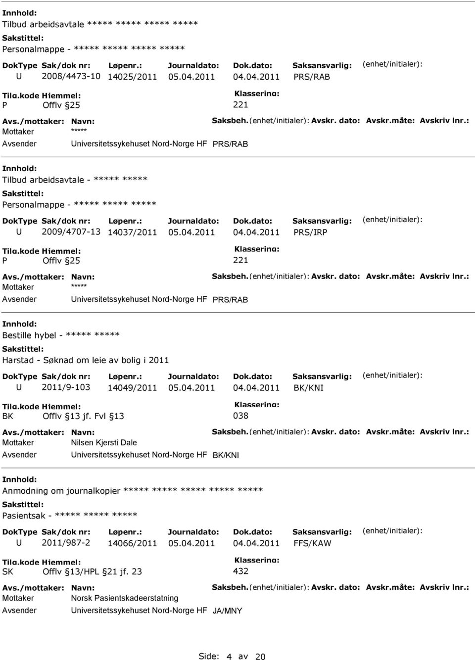 måte: Avskriv lnr.: niversitetssykehuset Nord-Norge HF RS/RAB Bestille hybel - ***** ***** Harstad - Søknad om leie av bolig i 2011 2011/9-103 14049/2011 BK/KN BK Offlv 13 jf. Fvl 13 038 Avs.