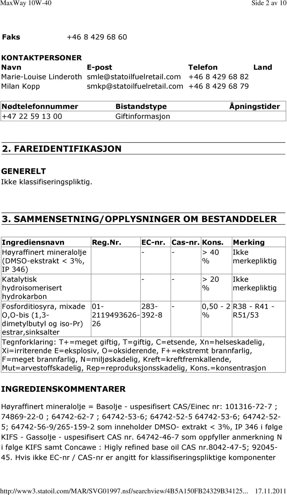 SAMMENSETNING/OPPLYSNINGER OM BESTANDDELER Ingrediensnavn Reg.Nr. EC-nr. Cas-nr. Kons.