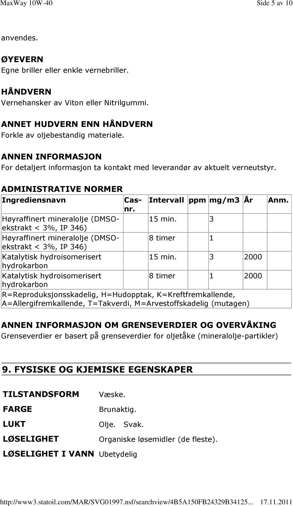 Intervall ppm mg/m3 År Høyraffinert mineralolje (DMSOekstrakt 15 min. 3 < 3%, IP 346) Høyraffinert mineralolje (DMSOekstrakt 8 timer 1 < 3%, IP 346) Katalytisk hydroisomerisert 15 min.