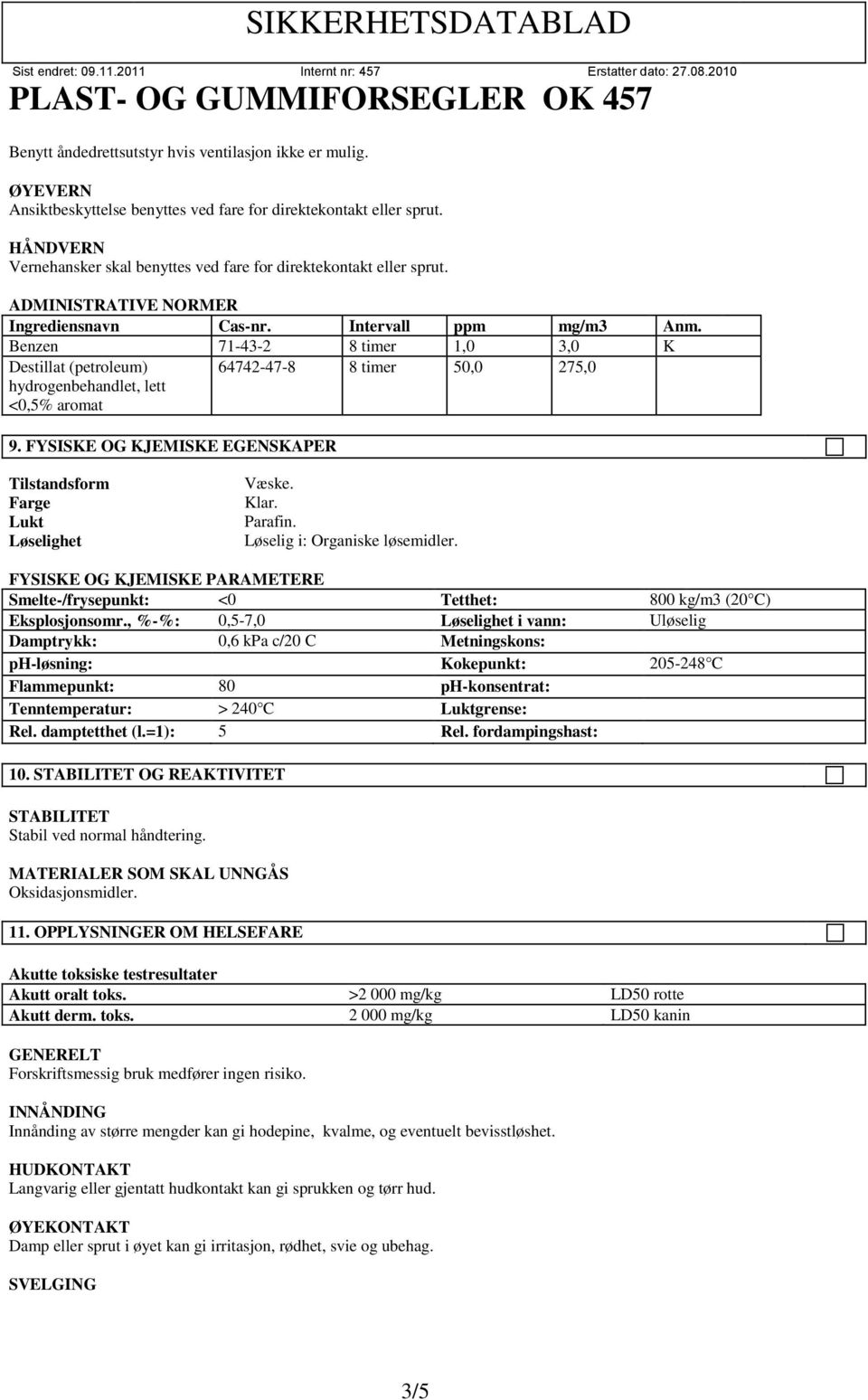 Benzen 71-43-2 8 timer 1,0 3,0 K Destillat (petroleum) hydrogenbehandlet, lett <0,5% aromat 64742-47-8 8 timer 50,0 275,0 9. FYSISKE OG KJEMISKE EGENSKAPER Tilstandsform Farge Lukt Løselighet Væske.