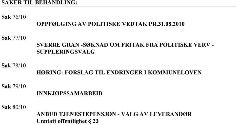 2010 SVERRE GRAN -SØKNAD OM FRITAK FRA POLITISKE VERV - SUPPLERINGSVALG