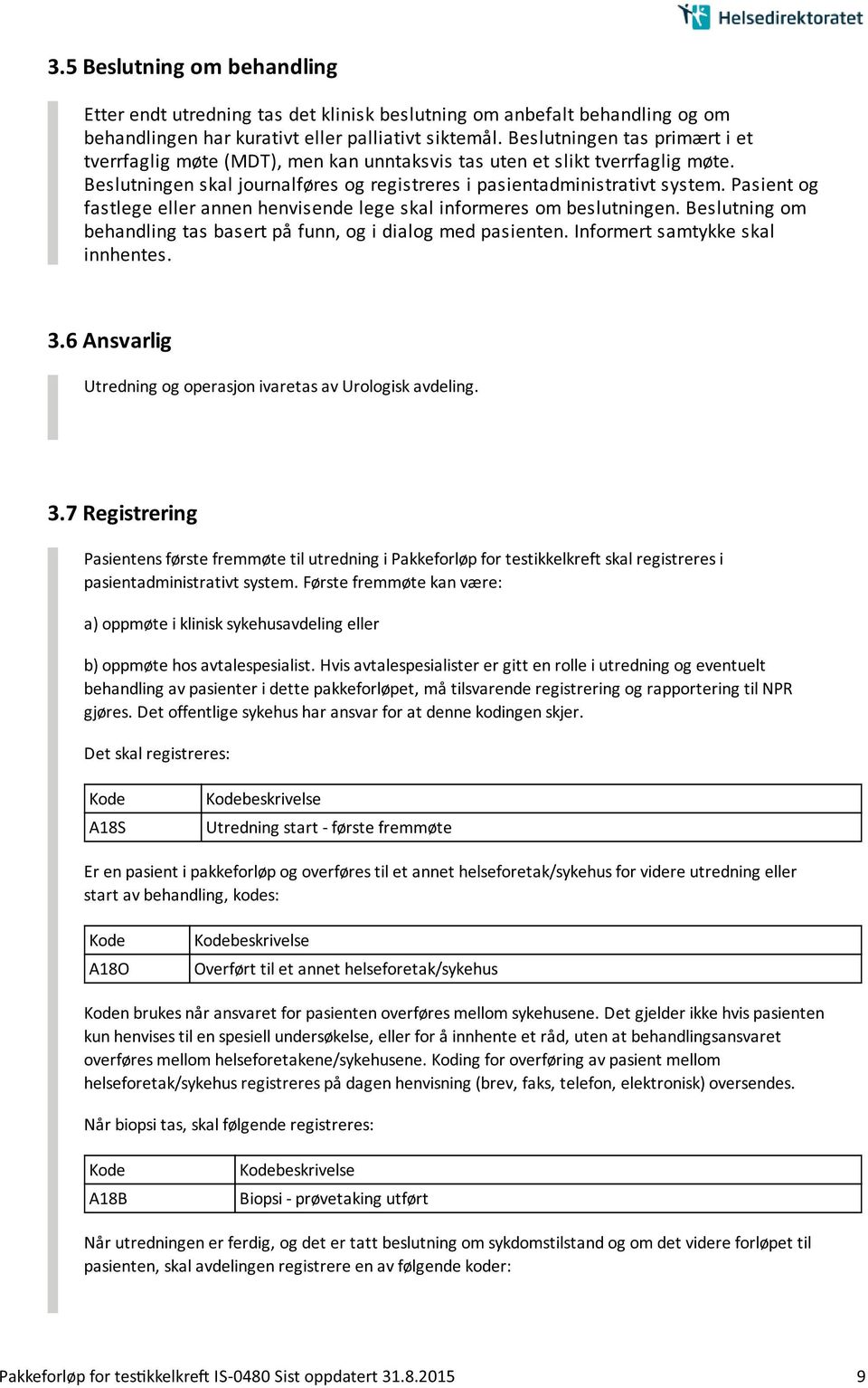 Pasient og fastlege eller annen henvisende lege skal informeres om beslutningen. Beslutning om behandling tas basert på funn, og i dialog med pasienten. Informert samtykke skal innhentes. 3.