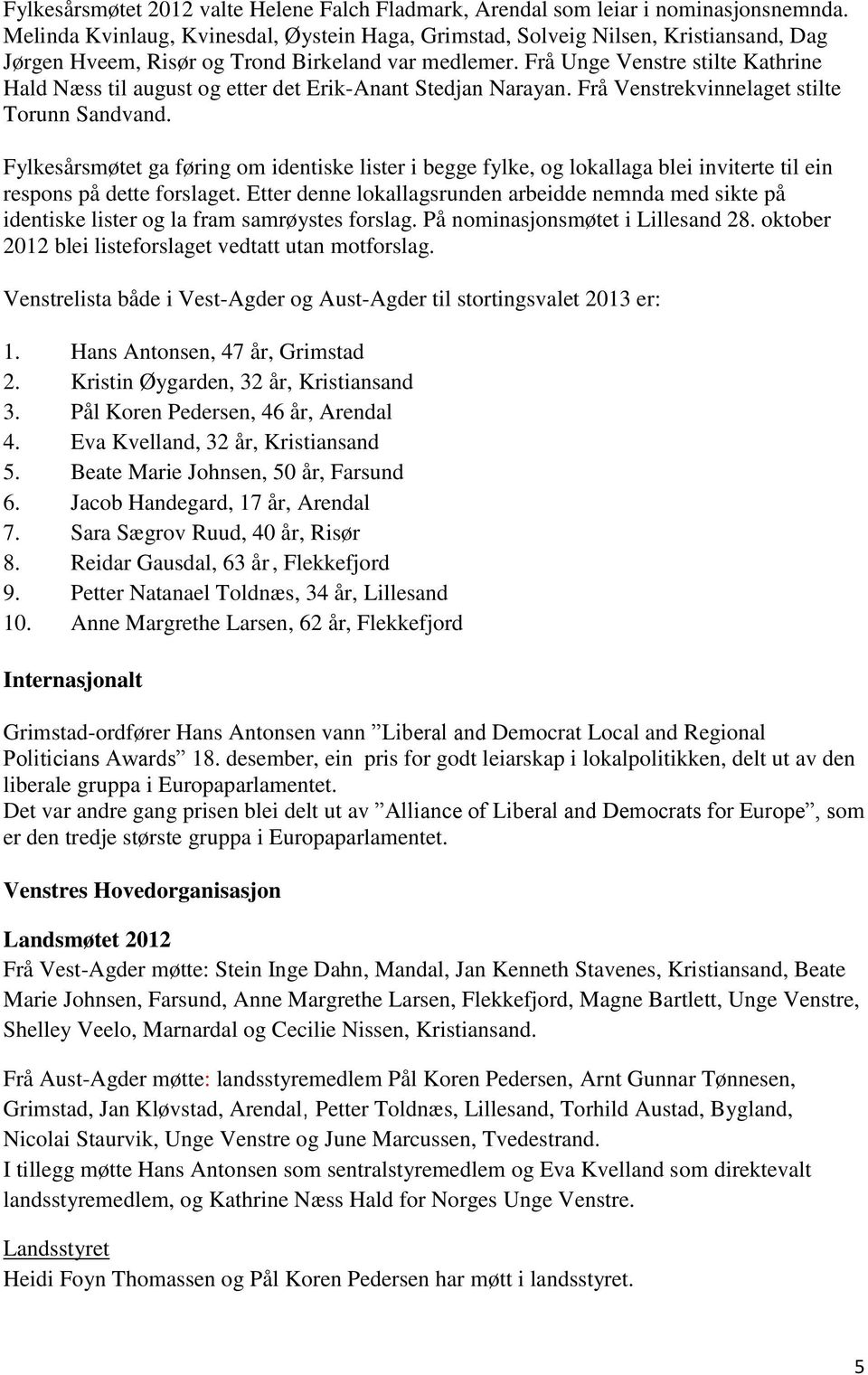 Frå Unge Venstre stilte Kathrine Hald Næss til august og etter det Erik-Anant Stedjan Narayan. Frå Venstrekvinnelaget stilte Torunn Sandvand.