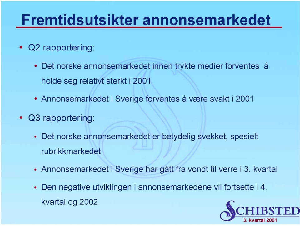 Annonsemarkedet i Sverige forventes å være svakt i 2001! Q3 rapportering:!