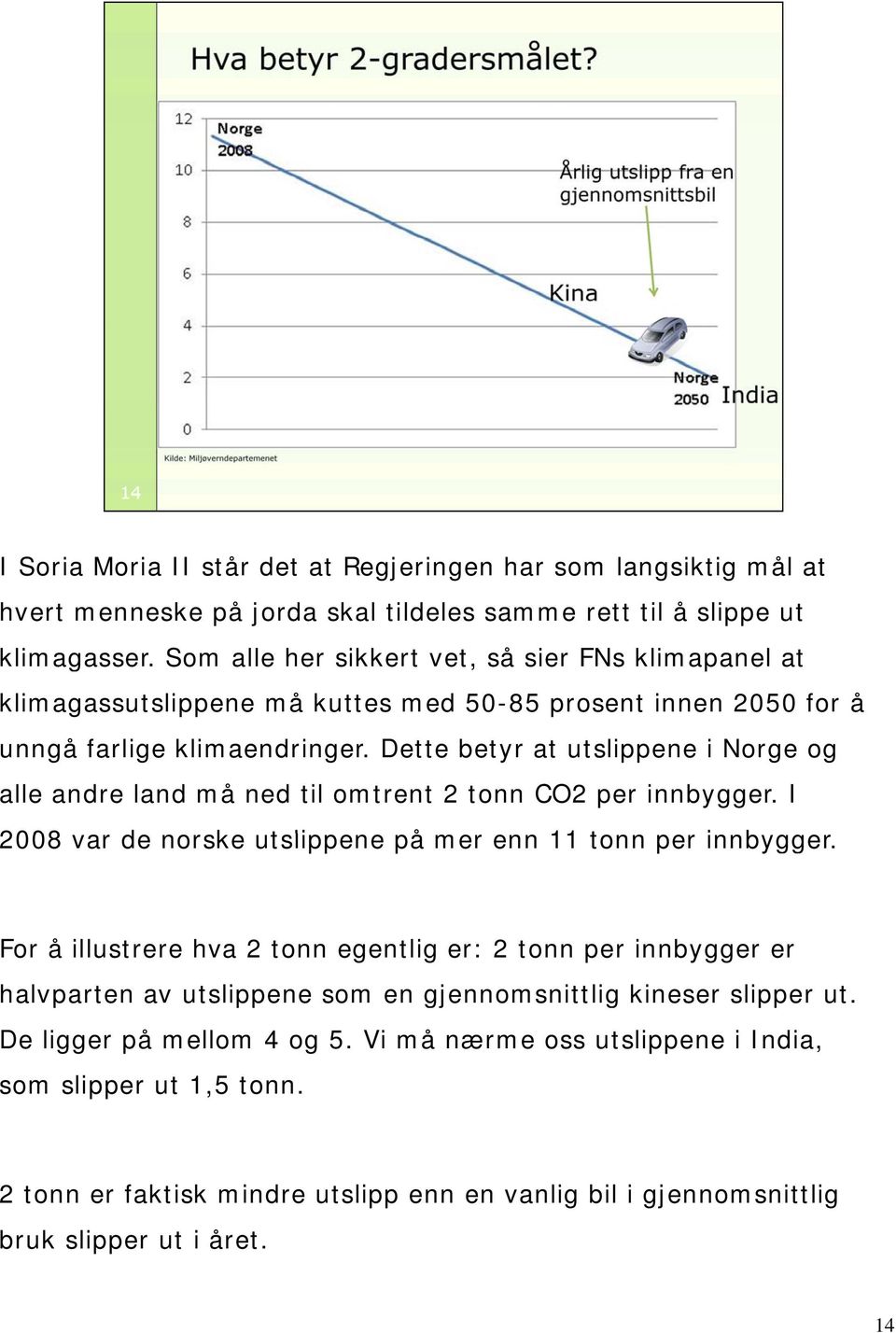 Dette betyr at utslippene i Norge og alle andre land må ned til omtrent 2 tonn CO2 per innbygger. I 2008 var de norske utslippene på mer enn 11 tonn per innbygger.