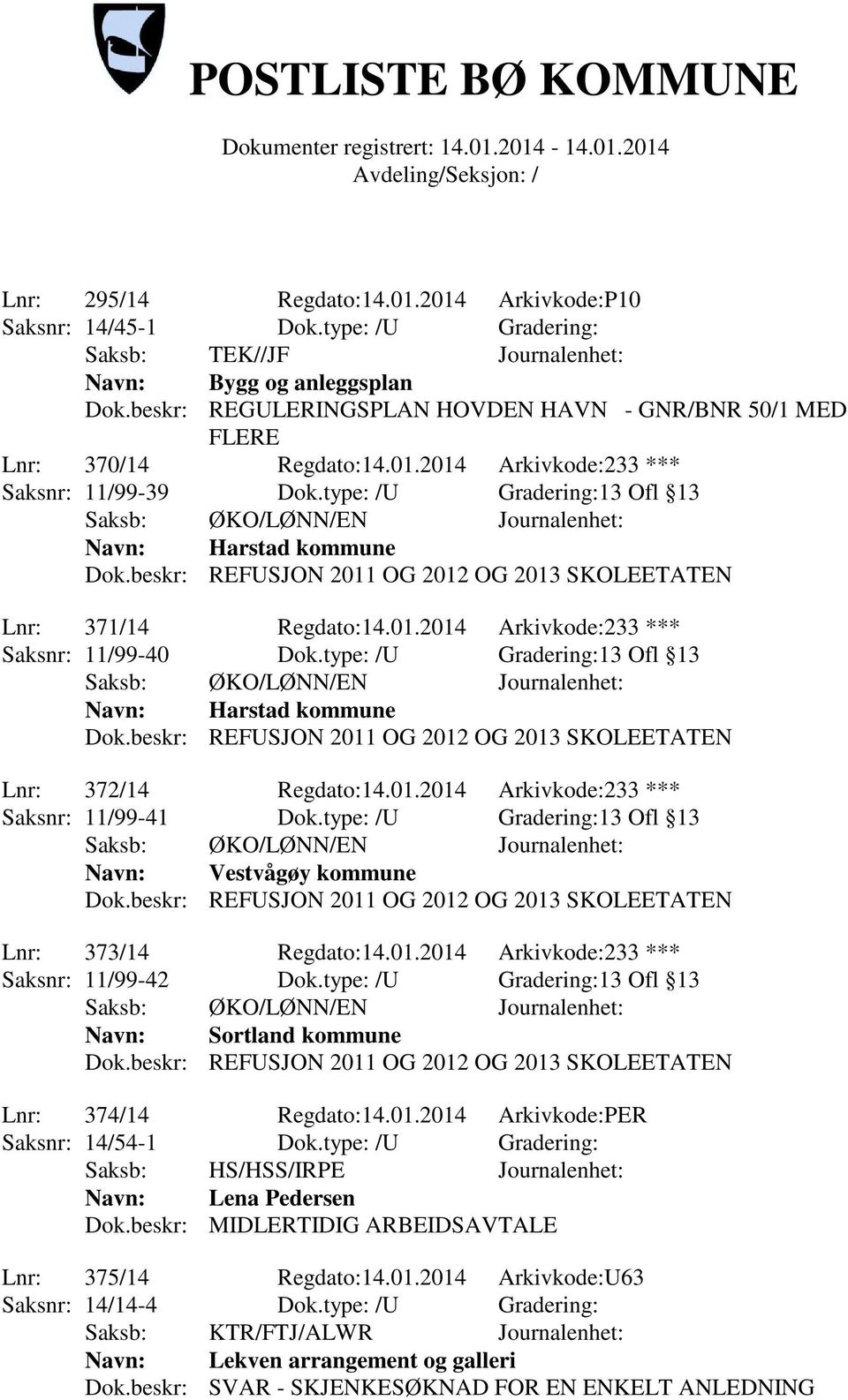 01.2014 Arkivkode:233 *** Saksnr: 11/99-40 Dok.type: /U Gradering:13 Ofl 13 Harstad kommune Lnr: 372/14 Regdato:14.01.2014 Arkivkode:233 *** Saksnr: 11/99-41 Dok.