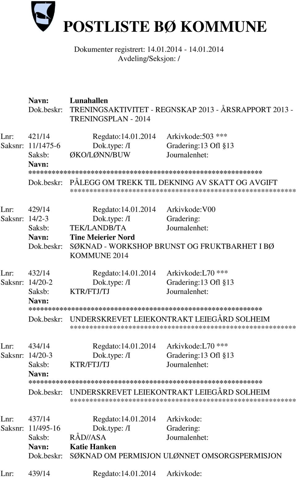 type: /I Gradering: Saksb: TEK/LANDB/TA Journalenhet: Tine Meierier Nord Dok.beskr: SØKNAD - WORKSHOP BRUNST OG FRUKTBARHET I BØ KOMMUNE 2014 Lnr: 432/14 Regdato:14.01.2014 Arkivkode:L70 *** Saksnr: 14/20-2 Dok.