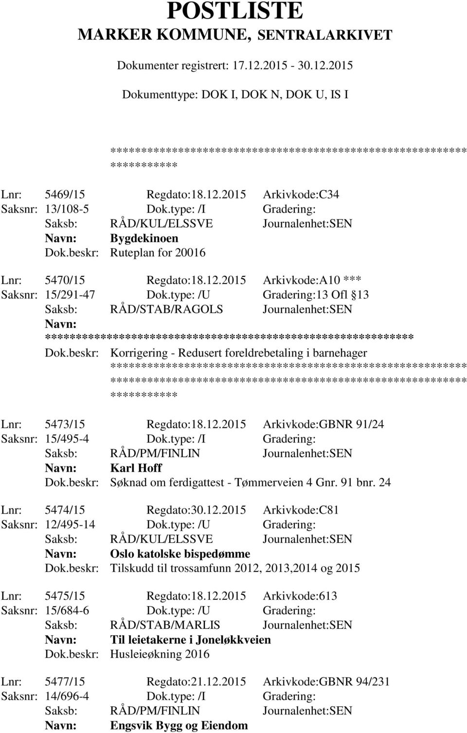 2015 Arkivkode:GBNR 91/24 Saksnr: 15/495-4 Dok.type: /I Gradering: Karl Hoff Dok.beskr: Søknad om ferdigattest - Tømmerveien 4 Gnr. 91 bnr. 24 Lnr: 5474/15 Regdato:30.12.